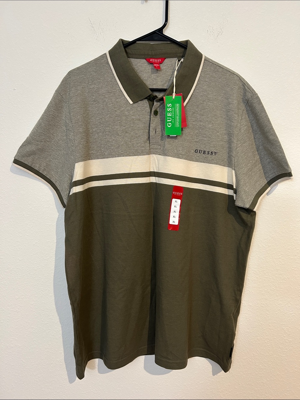 GUESS Olive, Gray & Cream Striped Men’s Polo